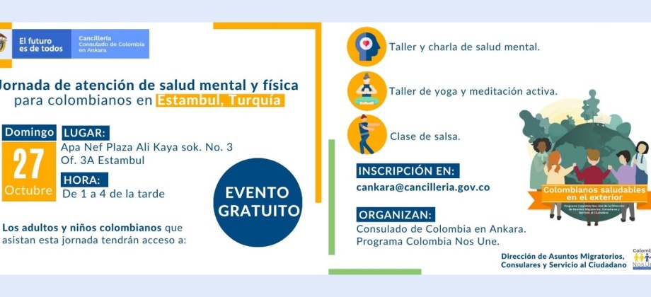 El Consulado de Colombia en Ankara invita a la jornada de atención de salud mental y física para colombianos en Estambul, Turquía