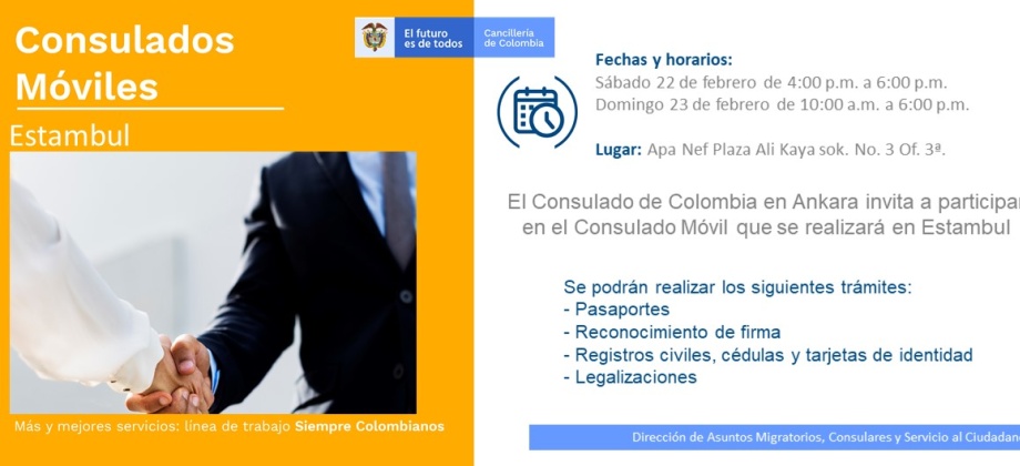 Consulado de Colombia en Ankara realizará Consulado Móvil en Estambul el 22 y 23 de febrero  de 2020 