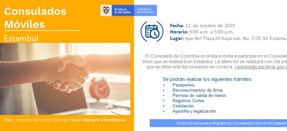 Jornada de Consulado Móvil en Estambul el 12 de octubre de 2019 organizada por el Consulado de Colombia en Ankara